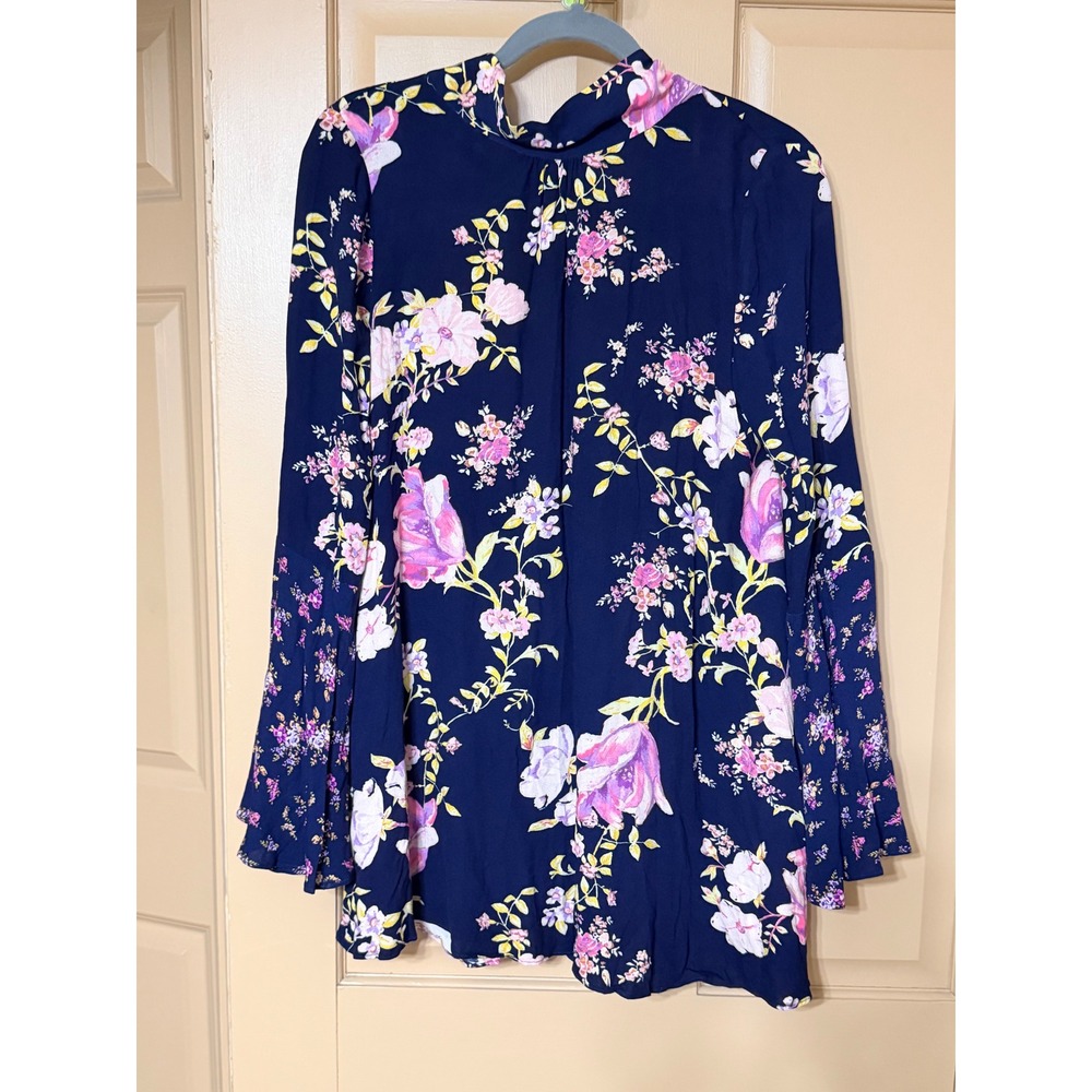 Free People Midnight Combo Floral Open Back Tie Neck Tunic Top OB1207022 Navy S